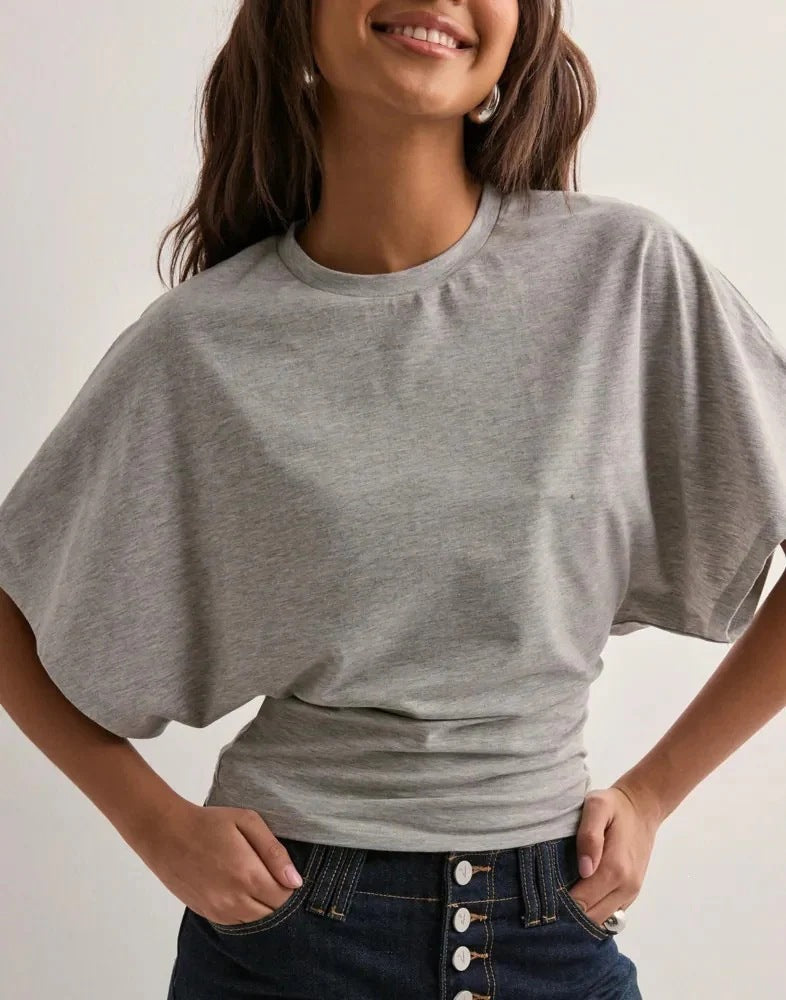Women's Ruched Long Sleeve Top with Wide Sleeves Crew Neck Fitted Casual Blouse - Seldom Seen Styles