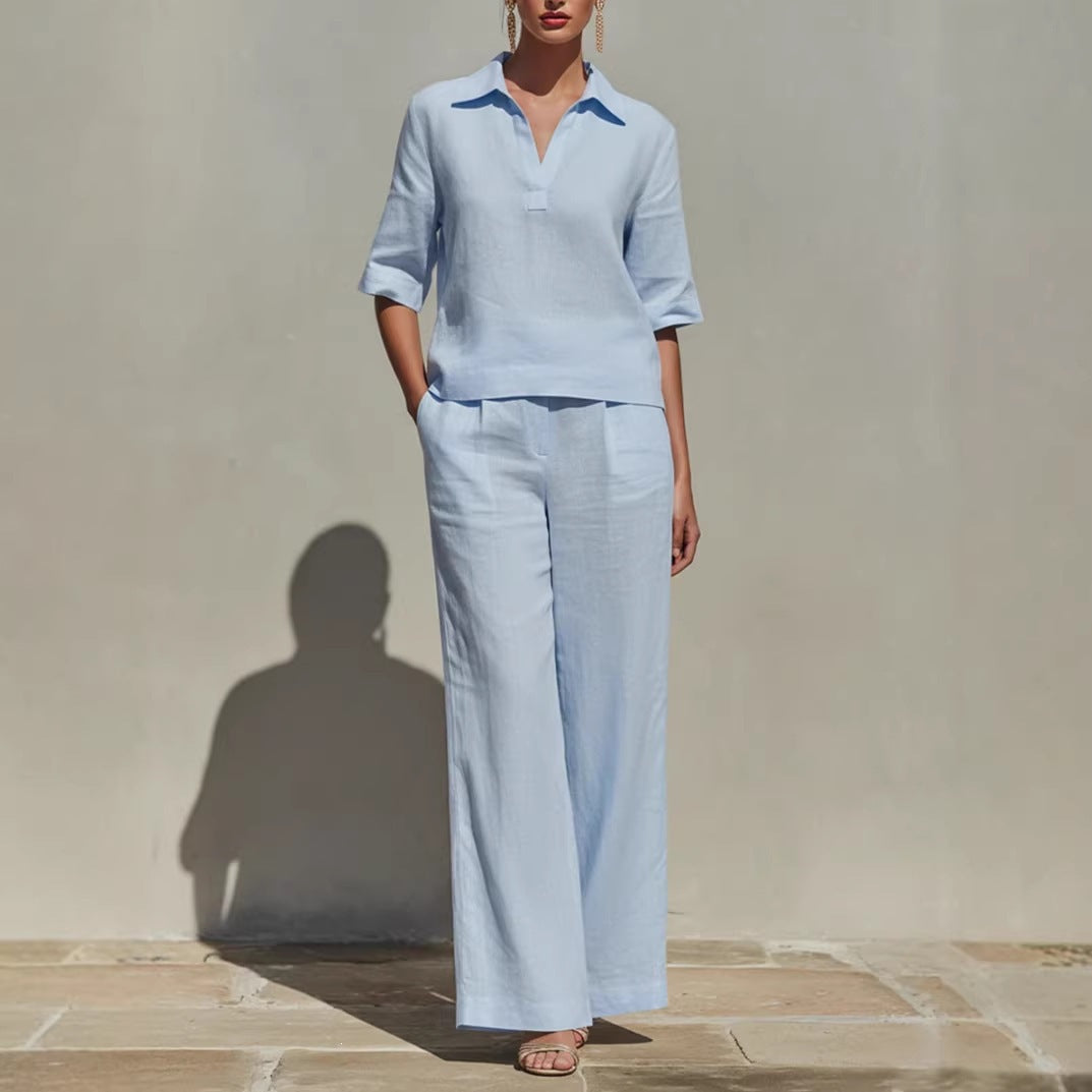 Women's Linen Two Piece Pants Set V Neck Blouse and Wide Leg Pants Casual Vacation Outfit - Seldom Seen Styles