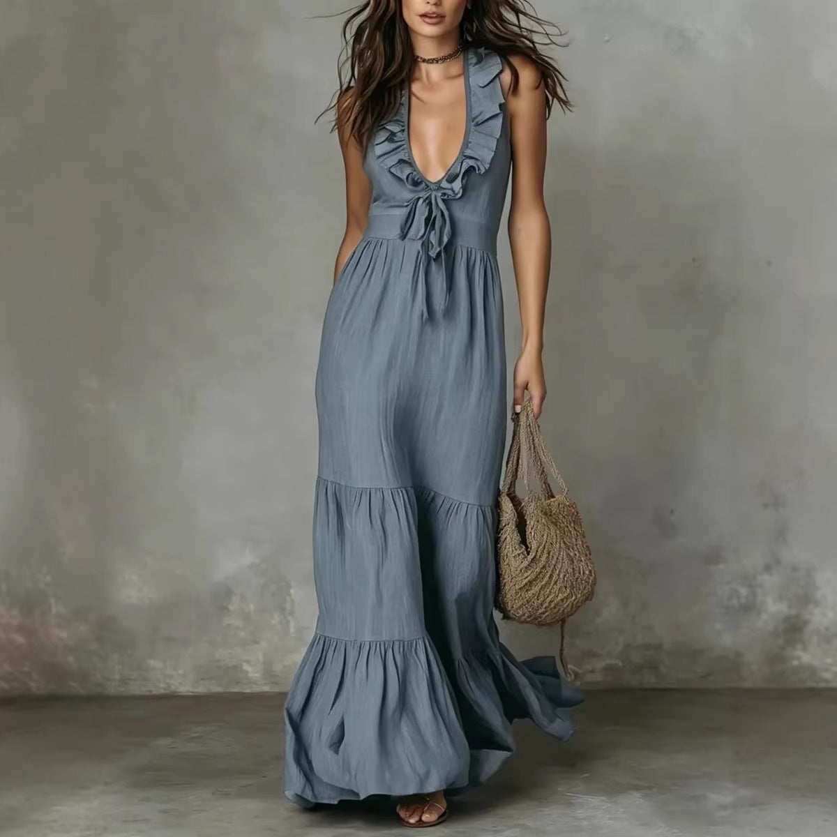Women's Deep V Neck Ruffle Sleeveless Maxi Dress Loose Fit Casual Summer Beach Dress - Seldom Seen Styles