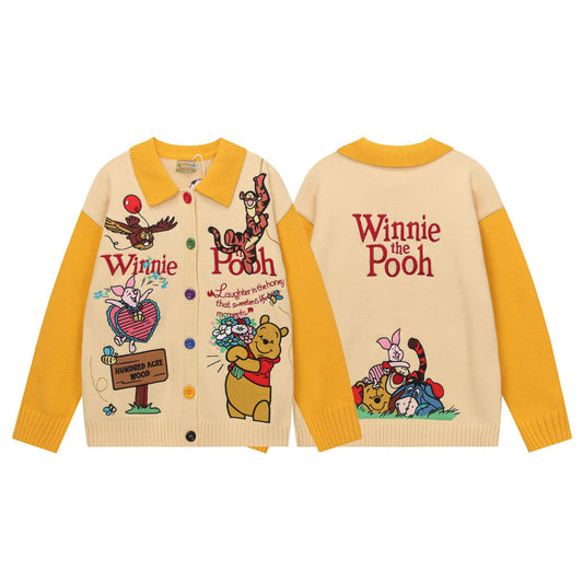 Cartoon Embroidery Color Block Kitty Knit Cardigan Unisex Loose Fit Niche Couple Sweater Jacket Streetwear | Kitty Cardi
