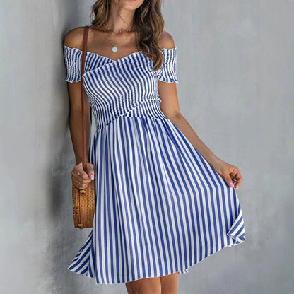 Women's Off Shoulder Striped Maxi Dress Slim Fit Summer Vacation Dress