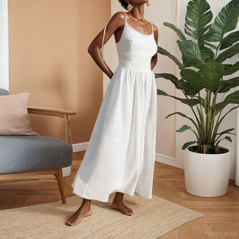 Women's One Shoulder Linen Midi Dress High Waist Elegant Vacation Sundress - Seldom Seen Styles