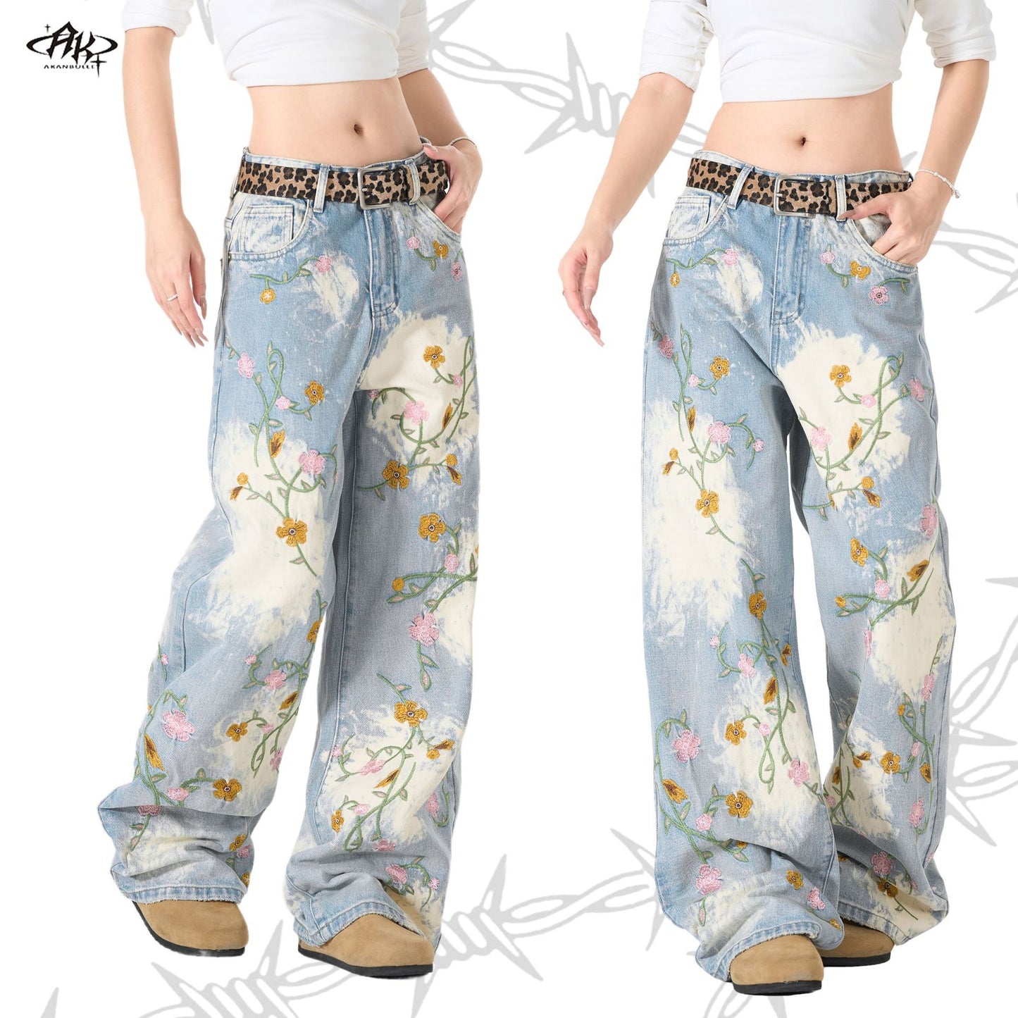 Flower Embroidery Washed Heavy Straight Jeans Retro American High Street Trendy Casual Denim Trousers | Bloom Wash