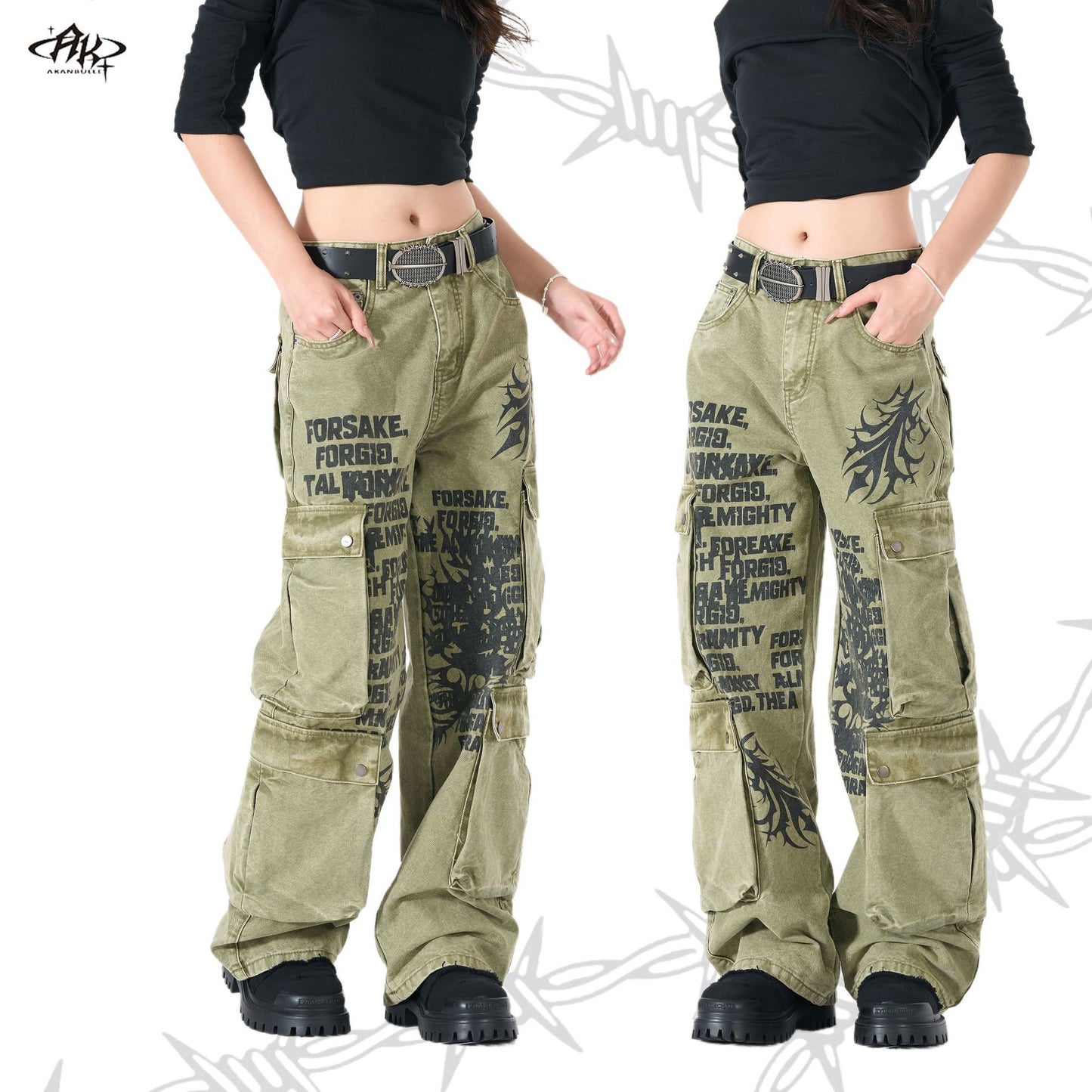 Multi-Pocket Distressed Digital Print Washed Heavyweight Jeans Vintage American Workwear Trendy Casual Denim Trousers | Pocket Print