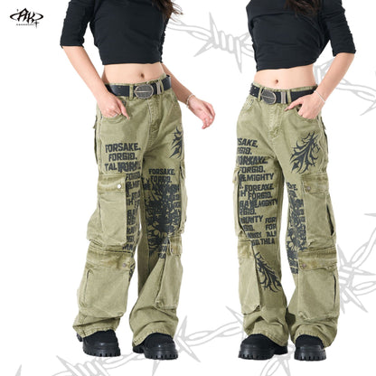 Multi-Pocket Distressed Digital Print Washed Heavyweight Jeans Vintage American Workwear Trendy Casual Denim Trousers | Pocket Print