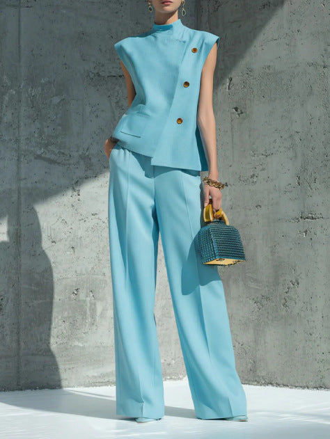 Women's Sleeveless Two Piece Pants Set Stand Collar Button Front Top and Wide Leg Trousers Elegant Casual Business Vacation Outfit - Seldom Seen Styles