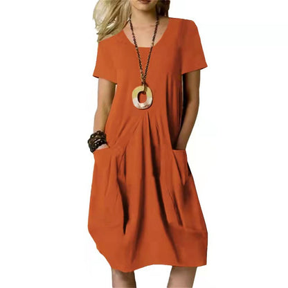 Women's Cotton Linen Loose Midi Dress Casual Short Sleeve Pocket Shift Dress