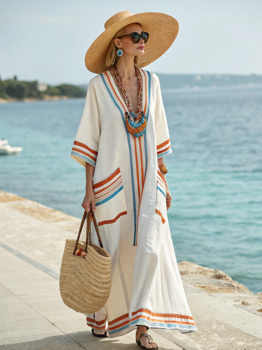 Women's Boho Linen Maxi Dress Oversized Kaftan Beach Cover Up Vacation Resort Dress