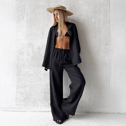 Cotton shirt trouser suit spring and summer new loose long-sleeved shirt casual suit for women
