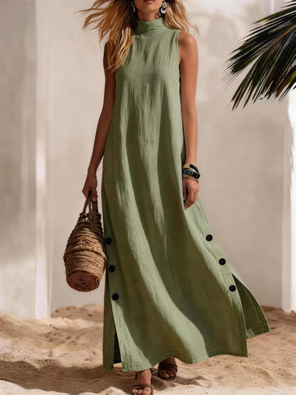 Women's Linen Maxi Dress Sleeveless Side Slit Beach Vacation Dress
