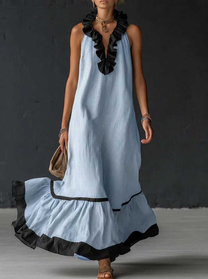 Women's Sleeveless V-Neck Ruffle Maxi Dress Loose Casual Summer Beach Vacation Long Vest Dress - Seldom Seen Styles