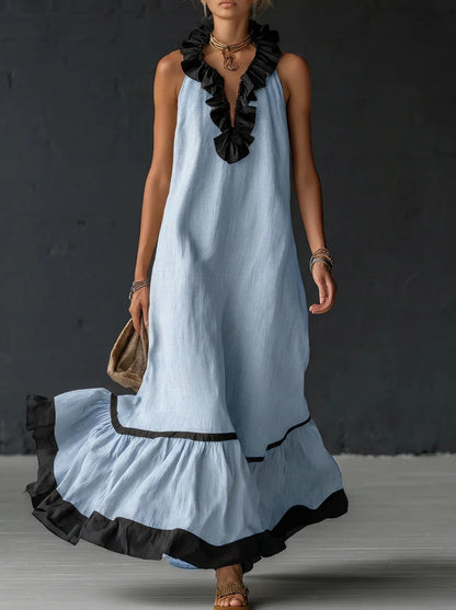Women's Sleeveless V-Neck Ruffle Maxi Dress Loose Casual Summer Beach Vacation Long Vest Dress