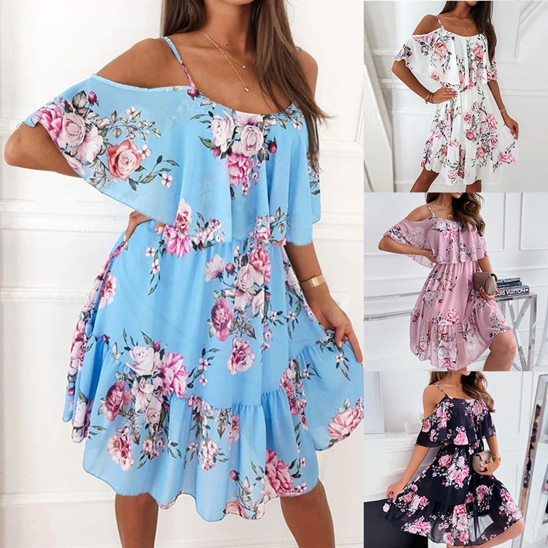 Women's Floral Off Shoulder Dress Chiffon Summer Boho Mini Dress - Seldom Seen Styles