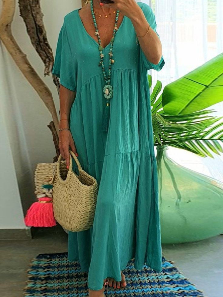 Women's Solid Color Loose V-Neck Short Sleeve Big Swing Maxi Dress Summer Casual Vacation Outfit Plus Size - Seldom Seen Styles