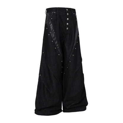 Women's American Retro Cracked Leather Splice Loose Straight Denim Pants Unisex Spring Summer Jeans | Crack Denim