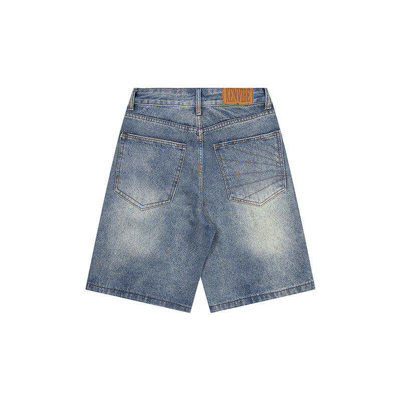 DARKAGE Vintage Washed Sunburst Pleated Denim Shorts