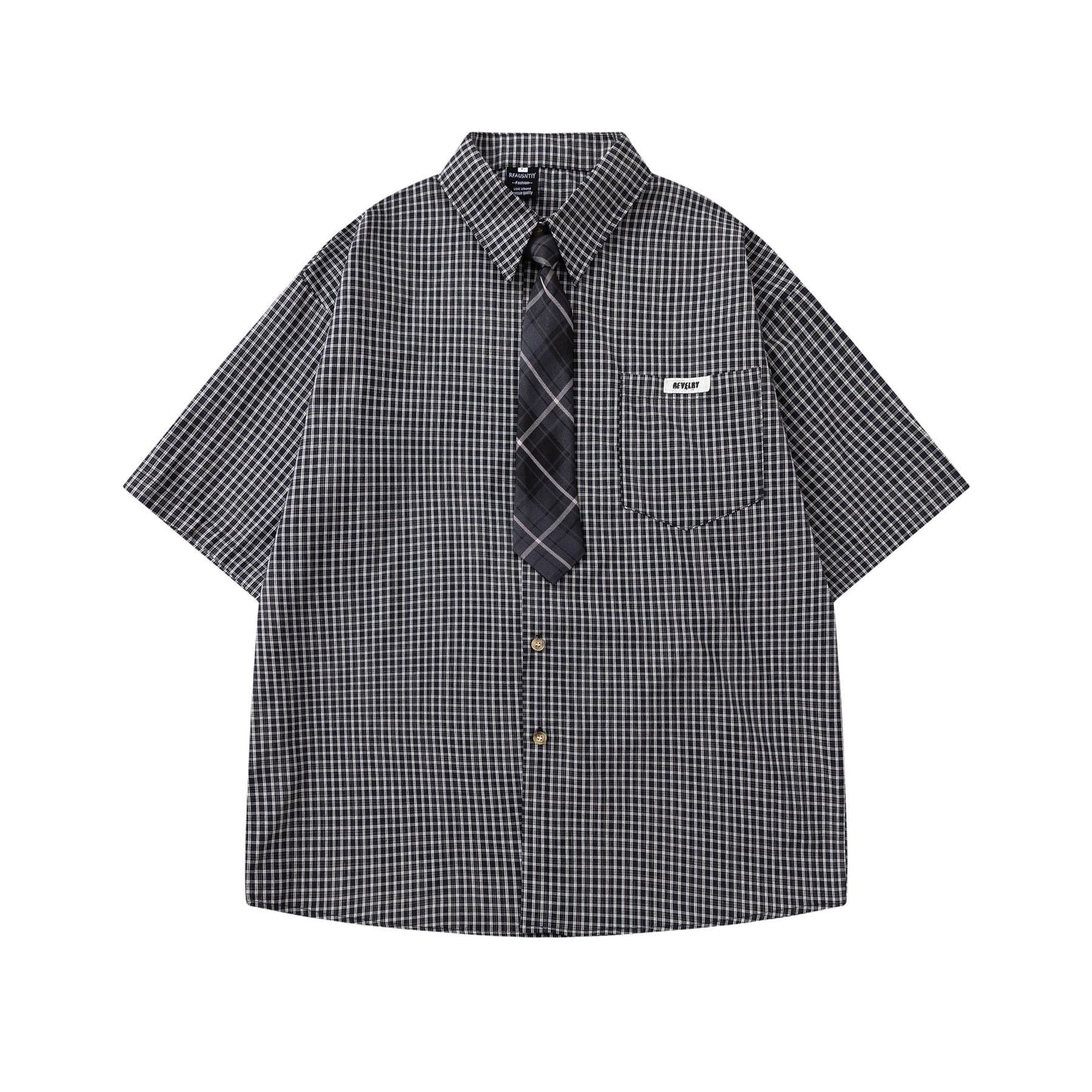 Checkered Short-Sleeve Shirt with Tie 或 Chic Plaid Tie Shirt