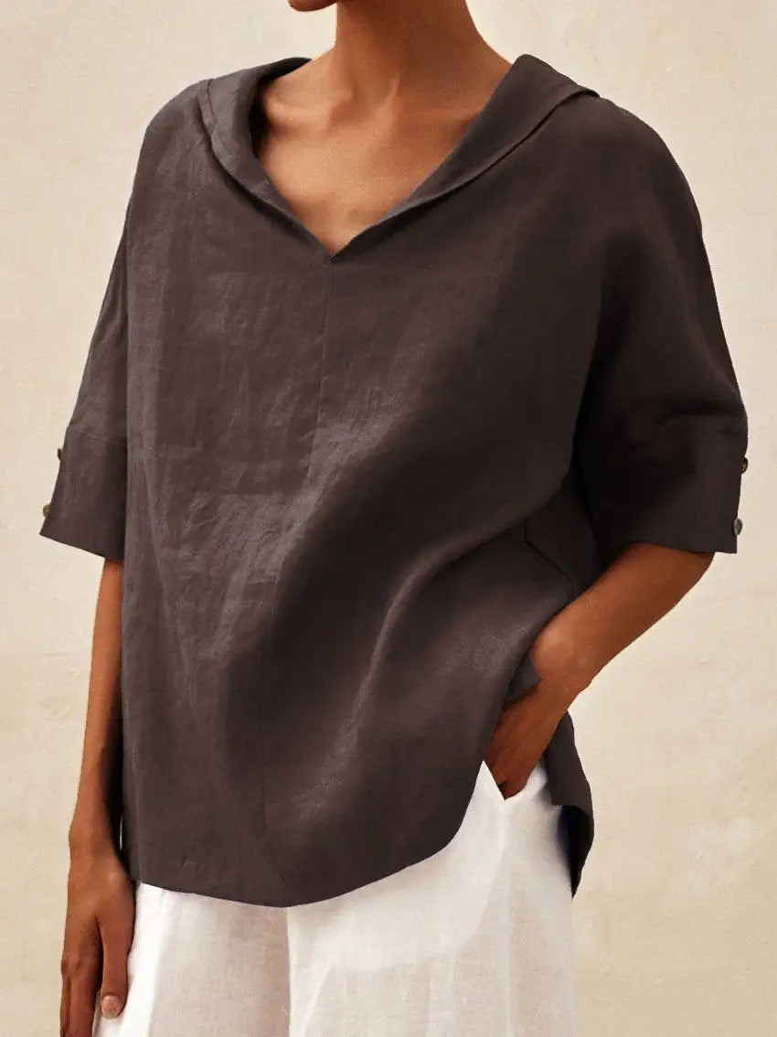Classic linen blouse with V-neck by Veda Bremen, shown in a natural light, lightweight fabric, and relaxed fit.