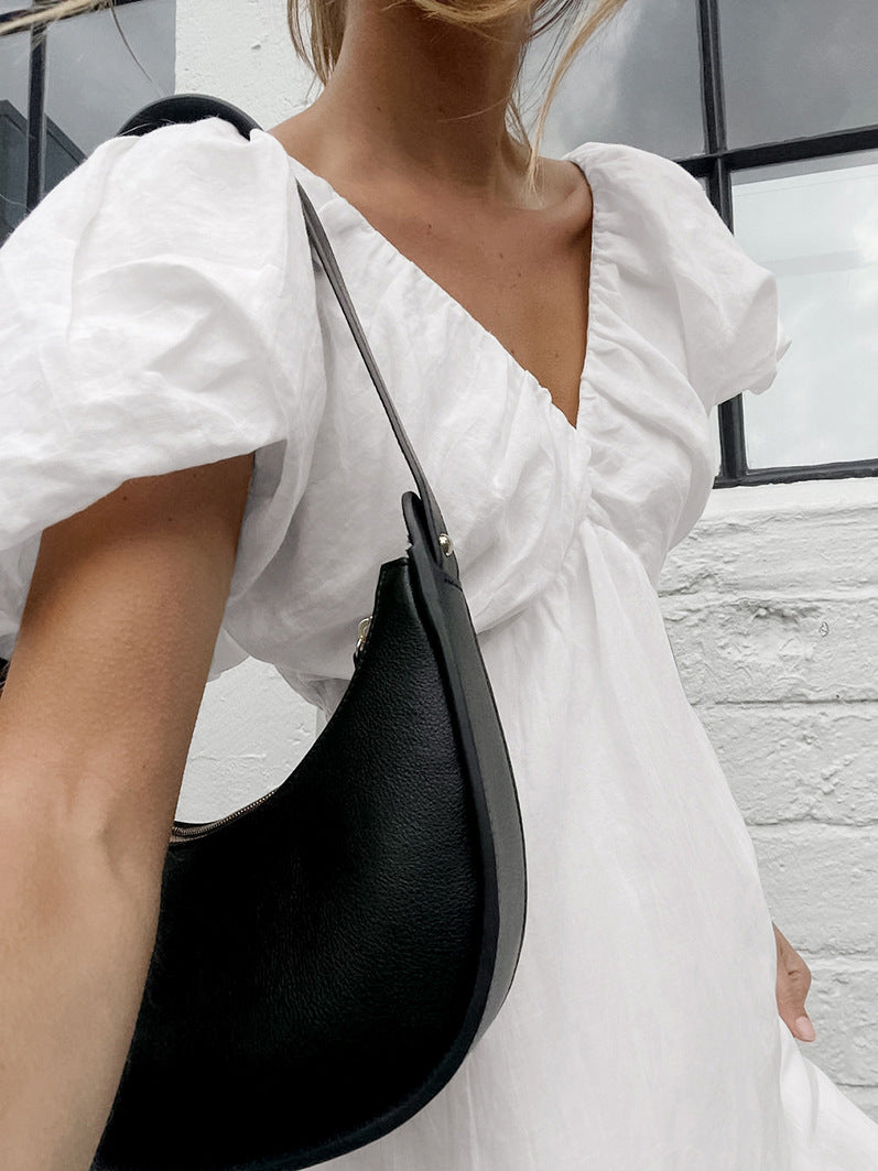 Women's White Puff Sleeve Mini Dress V Neck Casual Flowy Summer Sundress - Seldom Seen Styles