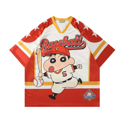 Cartoon Sports Jersey V-Neck Short Sleeve T-Shirt Unisex Loose Fit Retro Splicing Couple Casual Graphic Tee | Jersey Toon