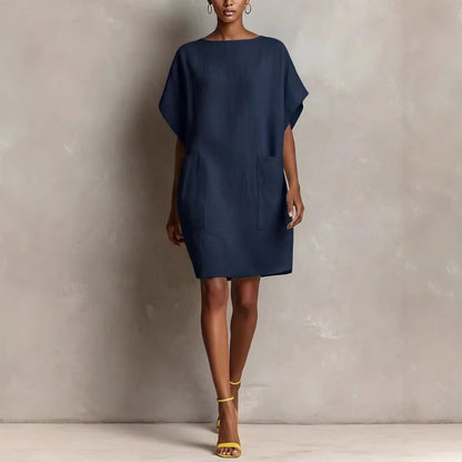 Women's Linen Blend Shift Dress Loose Fit Midi Dress with Pockets Casual Summer Vacation Outfit