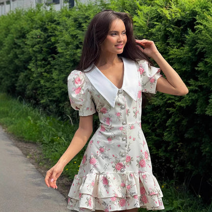 Französisches V-Ausschnitt-Kleid mit Bubikragenärmeln, Sommer-Taillendruck-Rockrüschenkleid