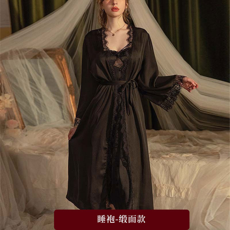 Women's Leopard Print Satin Nightgown French Lace Slip Dress Sexy Spaghetti Strap Sleepwear Maxi Nightdress with Matching Robe - Seldom Seen Styles