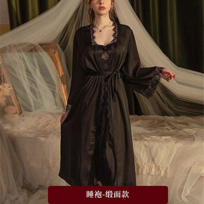 Women's Leopard Print Satin Nightgown French Lace Slip Dress Sexy Spaghetti Strap Sleepwear Maxi Nightdress with Matching Robe