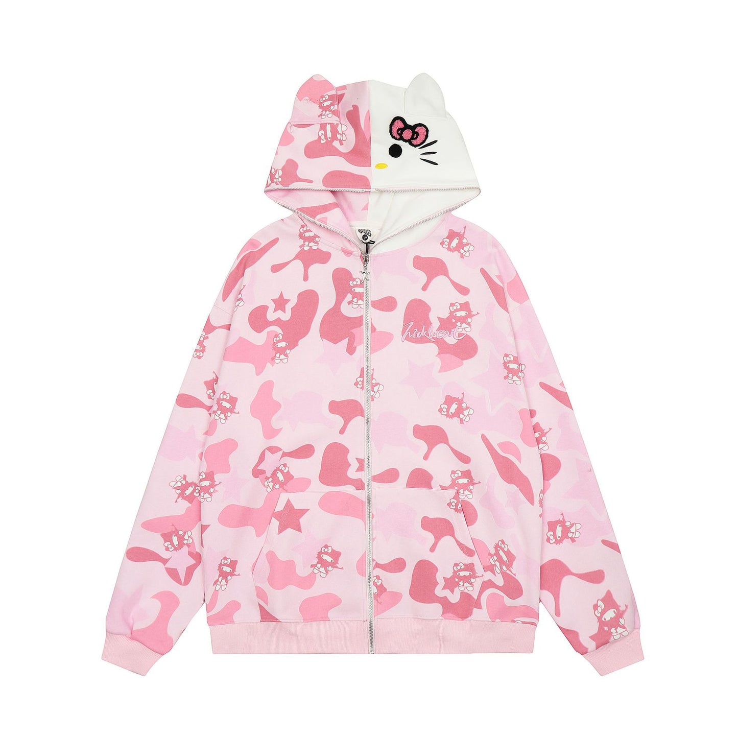 Women's American Original Hello Kitty Ear Camo Print Hooded Zip Cardigan Sweater Jacket Cute Casual | Kitty Camo Hood
