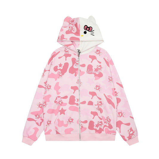 Women's American Original Hello Kitty Ear Camo Print Hooded Zip Cardigan Sweater Jacket Cute Casual | Kitty Camo Hood