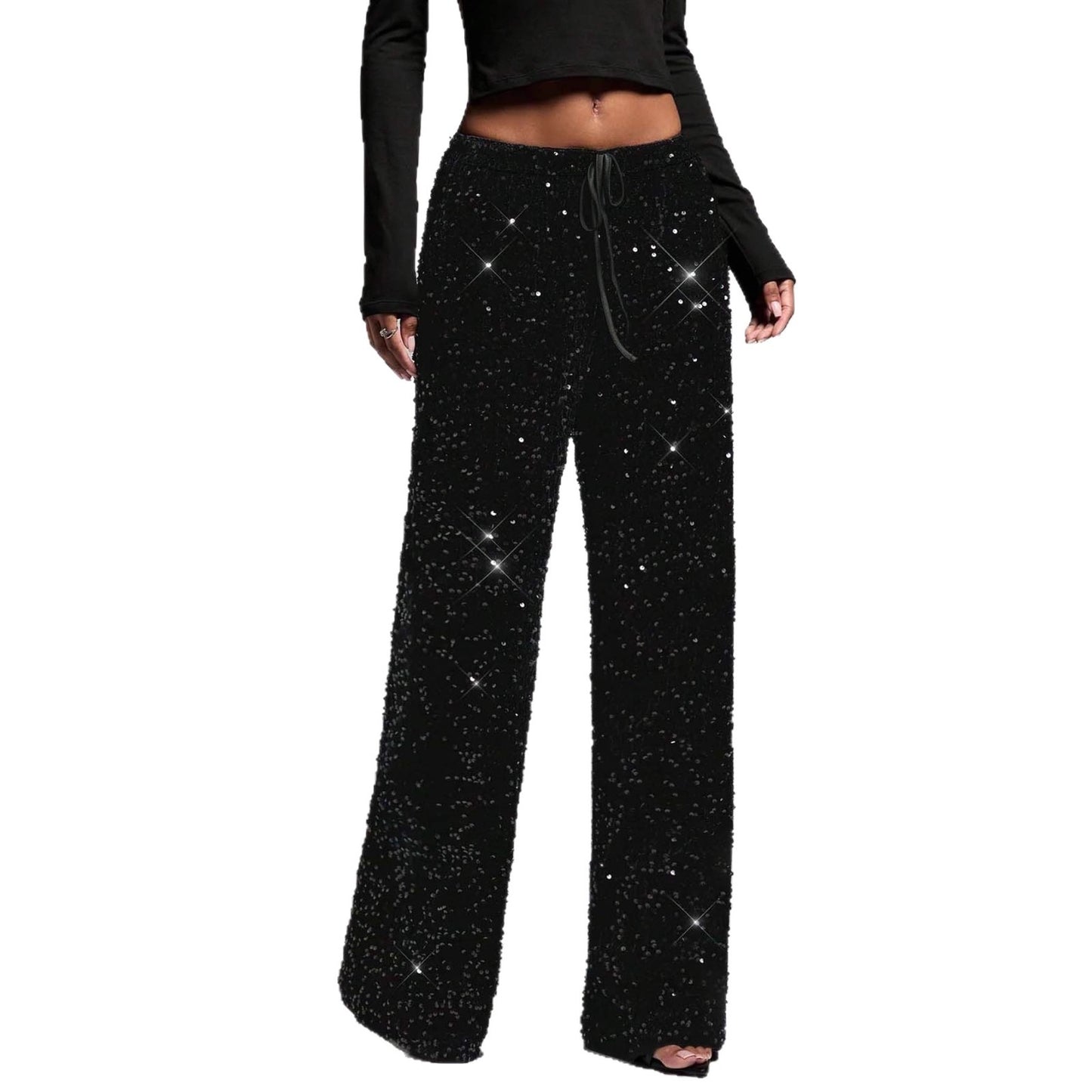 Women's Fashion Pants with Elastic Waistband, Bow Tie Design, Sequins Detailing, Stylish Long Trousers for Casual Wear
