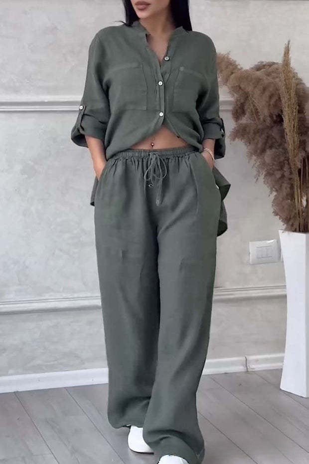 Women's Linen Two Piece Set Button Down Shirt and Wide Leg Pants Casual Matching Outfit Summer Vacation Co Ord Set