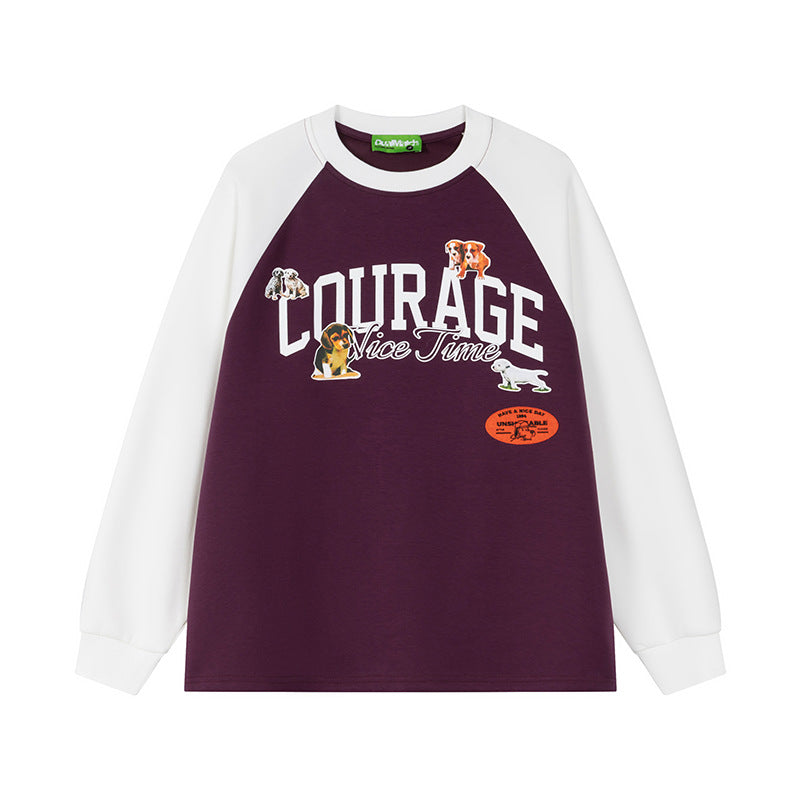 Women's Courage Letter Print Raglan Sleeve Sweatshirt Puppy Graphic Loose Casual Long Sleeve Pullover Top | Courage Raglan