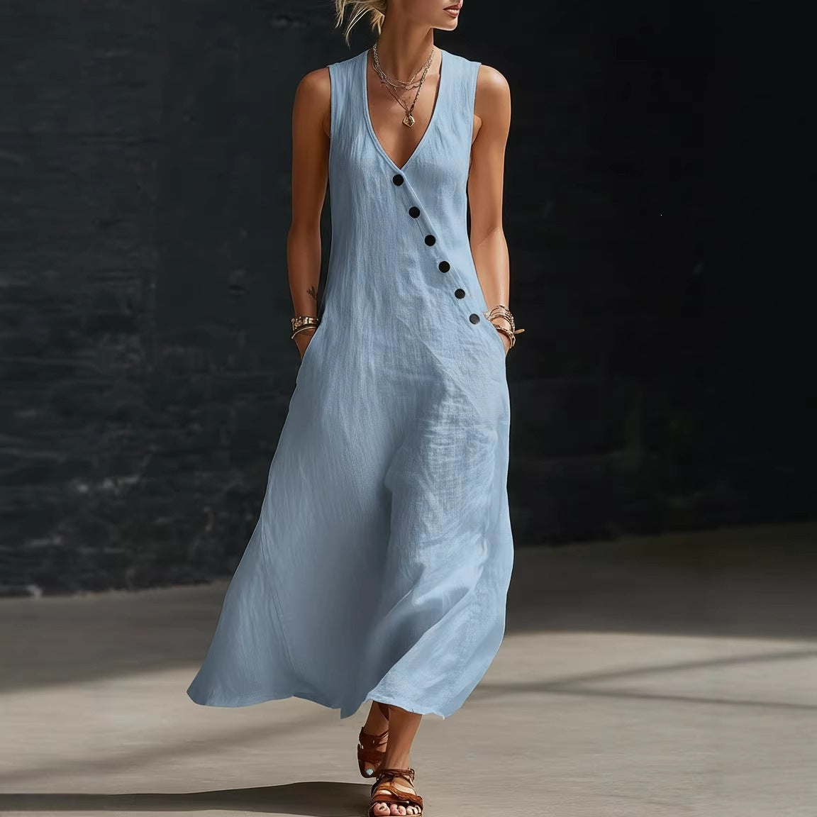 Women's V-Neck Cotton Linen Sleeveless Vest Maxi Dress Casual Summer Beach Vacation Boho Outfit - Seldom Seen Styles