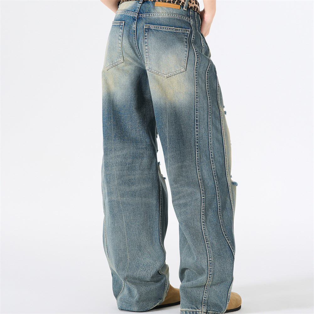 Distressed Gradient Washed Denim Wide Leg Pants Loose Straight Deconstruction Patchwork Streetwear Casual Summer Jeans | Fade Rip
