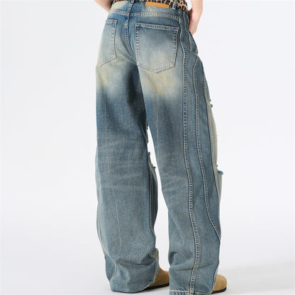 Distressed Gradient Washed Denim Wide Leg Pants Loose Straight Deconstruction Patchwork Streetwear Casual Summer Jeans | Fade Rip