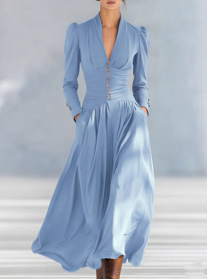 Women's V-Neck Bubble Sleeve Long Sleeve Big Swing Maxi Dress Elegant Waist Fall Winter Casual Dress Plus Size