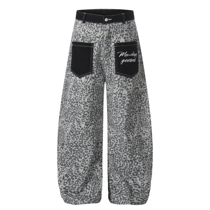 DARKAGE Leopard Print Wide-Leg Pants with Contrast Contrast Pockets