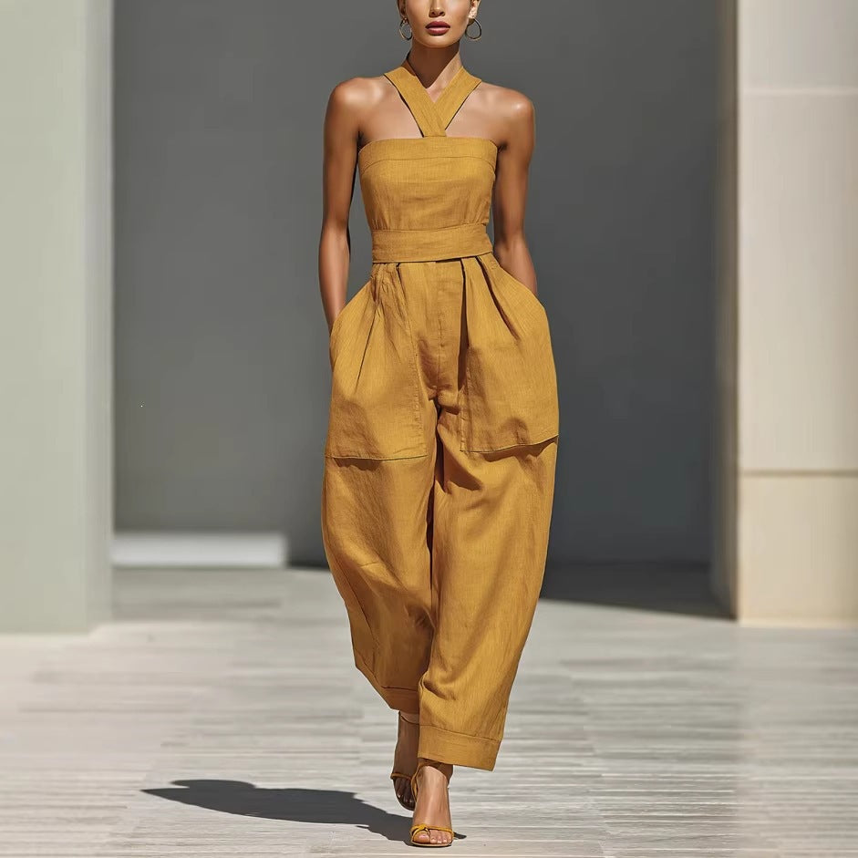 Women's Linen Blend Cross Halter Neck Loose Jumpsuit Casual Summer Vacation Outfit - Seldom Seen Styles