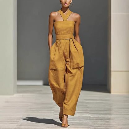 Women's Linen Blend Cross Halter Neck Loose Jumpsuit Casual Summer Vacation Outfit