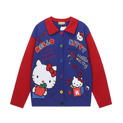 Cartoon Embroidery Color Block Kitty Knit Cardigan Unisex Loose Fit Niche Couple Sweater Jacket Streetwear | Kitty Cardi