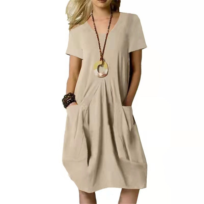 Women's Cotton Linen Loose Midi Dress Casual Short Sleeve Pocket Shift Dress - Seldom Seen Styles