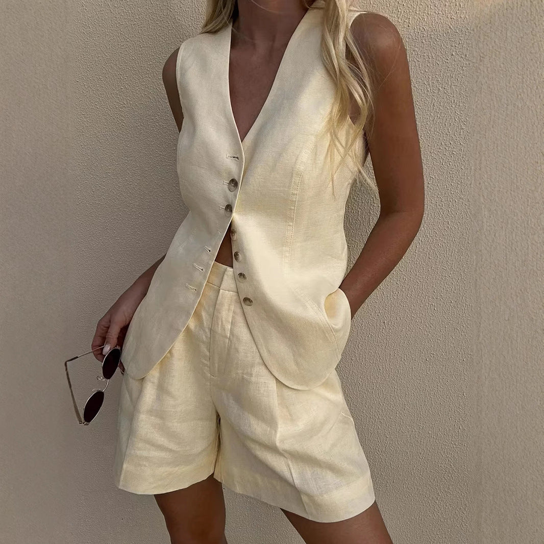 Cotton and linen vest shorts set 2025 summer new commuter vest + shorts suit casual suit for women - Seldom Seen Styles
