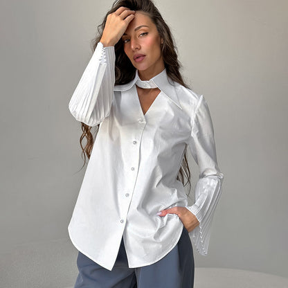 Design sense French teamperament pure cotton horn sleeve shirt spring and summer personalized fashion commuter new shirt