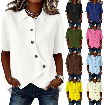 Women's Casual Solid Color Irregular Hem Button Up Short Sleeve Loose Top Summer Vacation Outfit