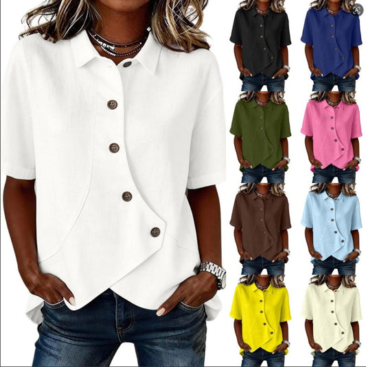 Women's Casual Solid Color Irregular Hem Button Up Short Sleeve Loose Top Summer Vacation Outfit - Seldom Seen Styles