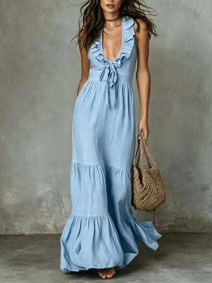 Women's Deep V Neck Ruffle Sleeveless Maxi Dress Loose Fit Casual Summer Beach Dress