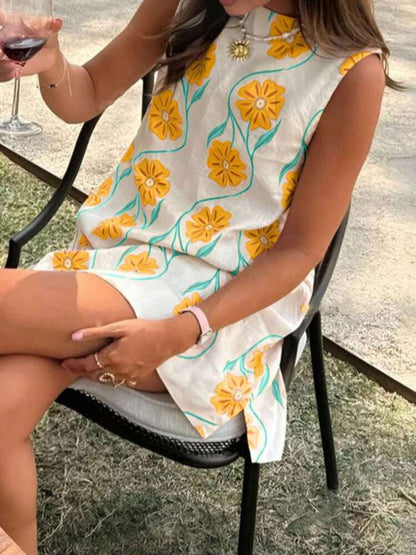 Women's summer new casual pink flower round neck sleeveless vest dress