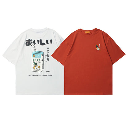 Crew Neck Short Sleeve Japanese Retro Bunny Citrus Graphic Print T-Shirt Loose Oversized Casual Minimalist Summer Top | Yuzu Bunny