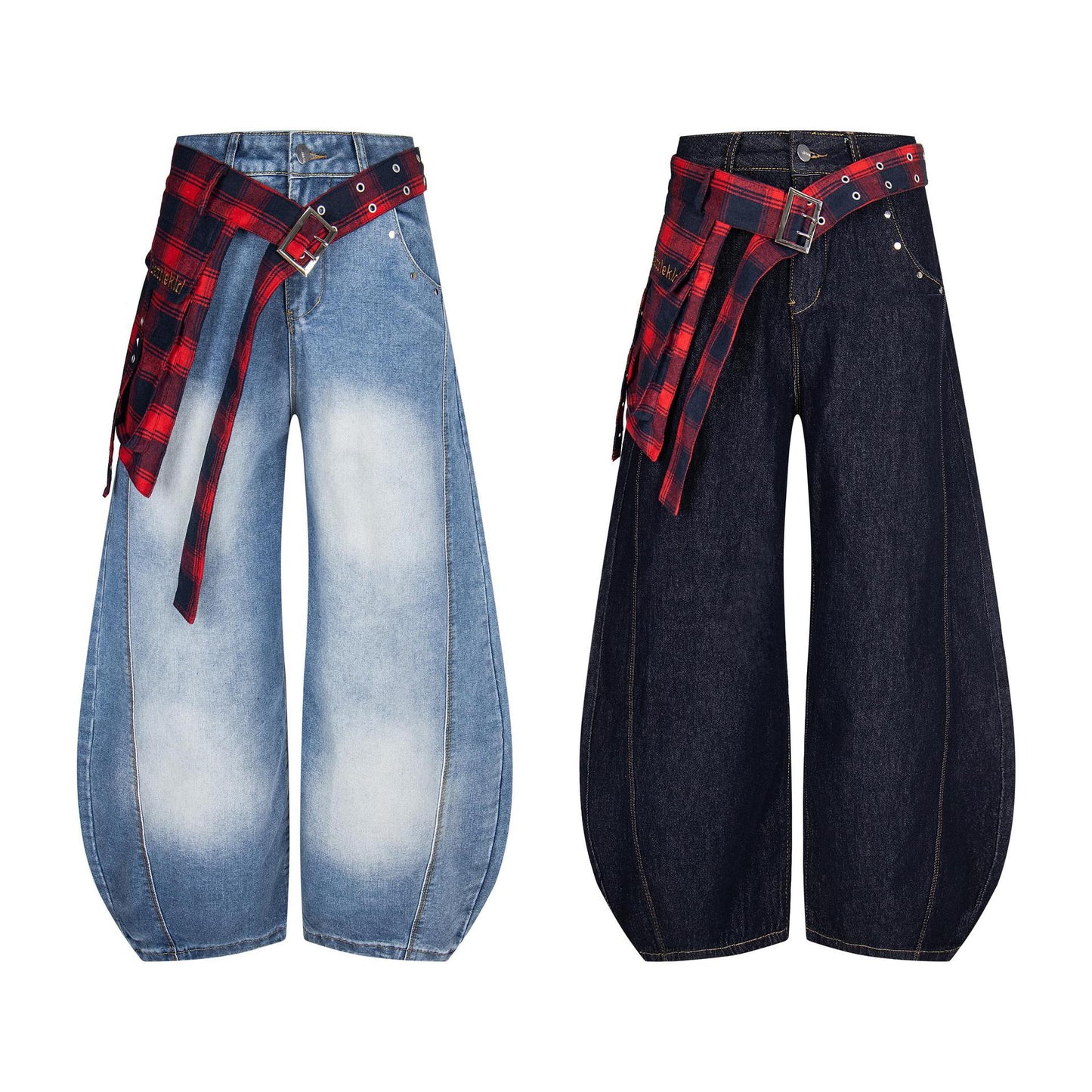 Embroidered Plaid Wide Leg Jeans Back Flap Washed Denim Loose Fit Clean Fit High Street Couple Casual Streetwear | Flap Wide Jeans